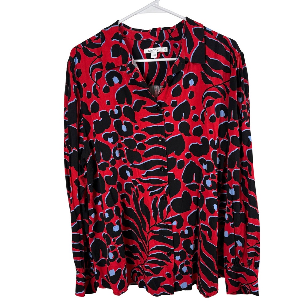 Chico's Button Down Shirt Size 3/XL Red Black Animal Print Silk Blend Blouse
